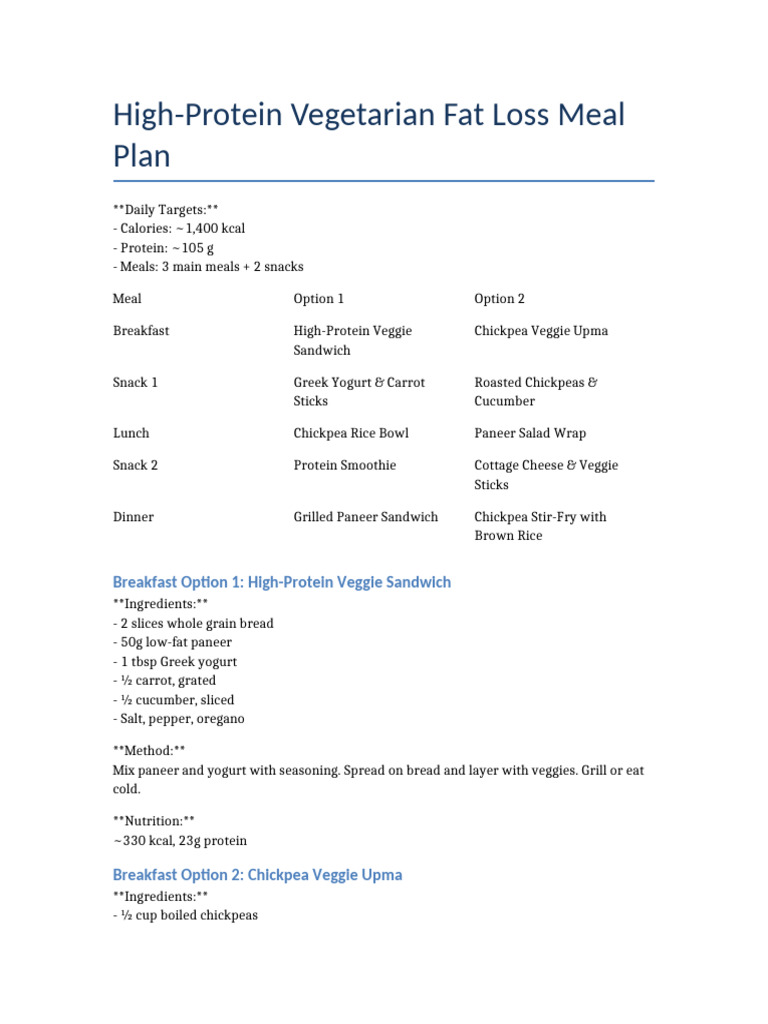 High Protein Vegetarian Meal Plan Pdf Yogurt Chickpea 