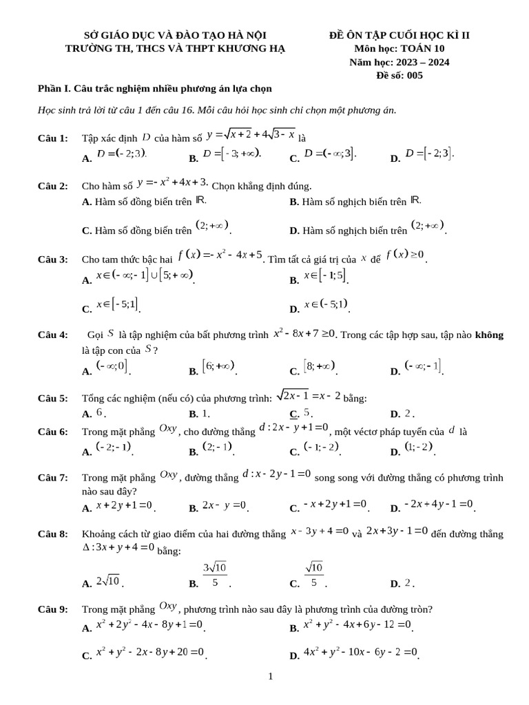 Ma - de - 5-Đề Cuối Kì 2 Lớp 10 - Đề Bài | PDF