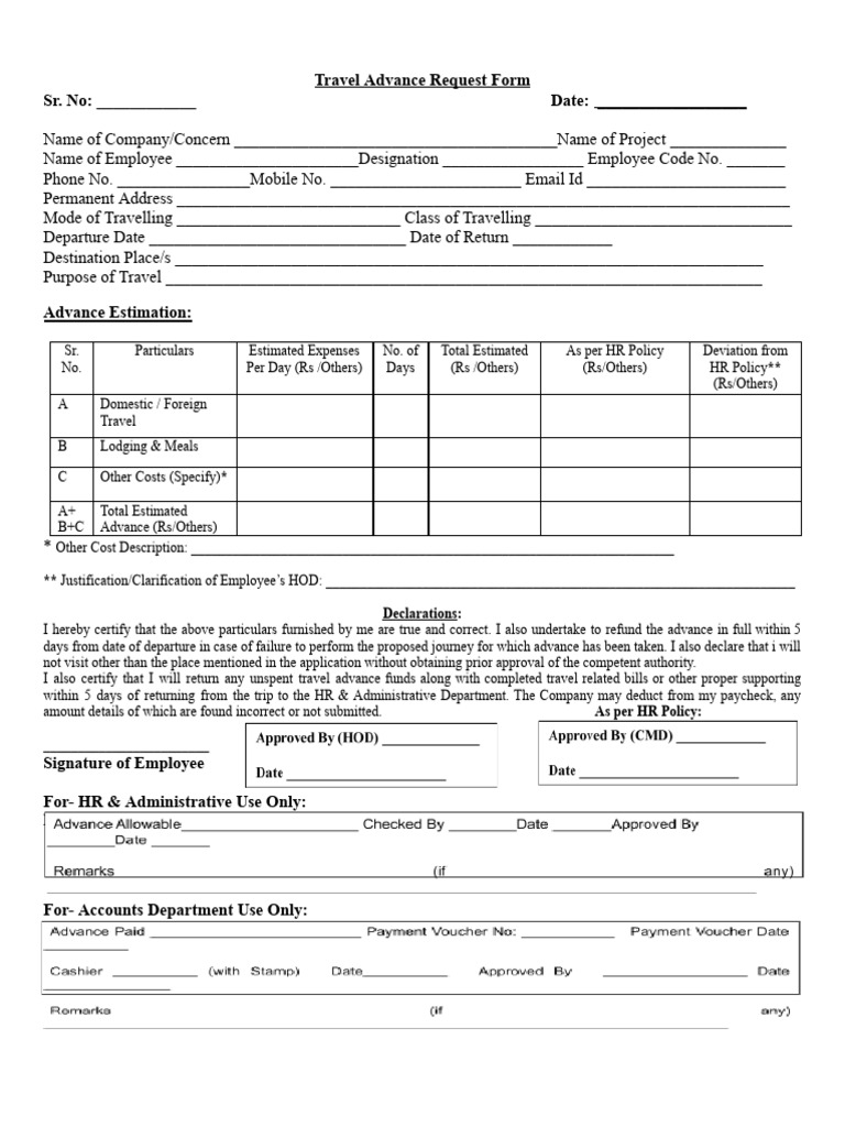 Travel Advance Request Form Template | PDF