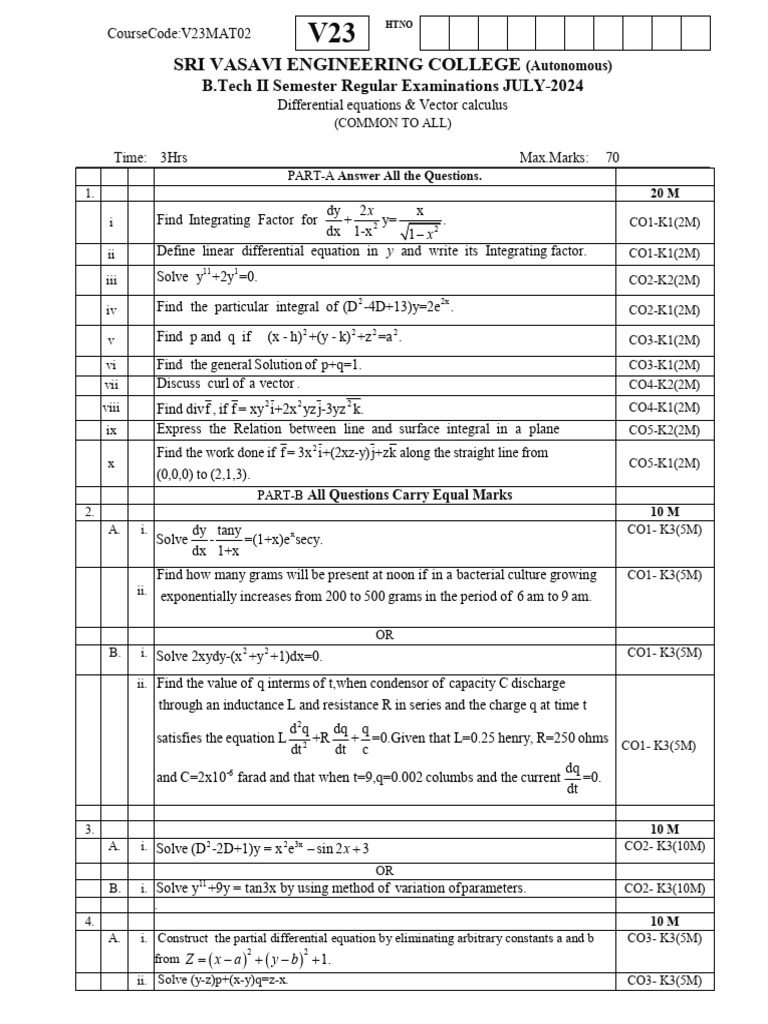 Differential Equations & Vector Calculus Exam | PDF | Integral | Equations