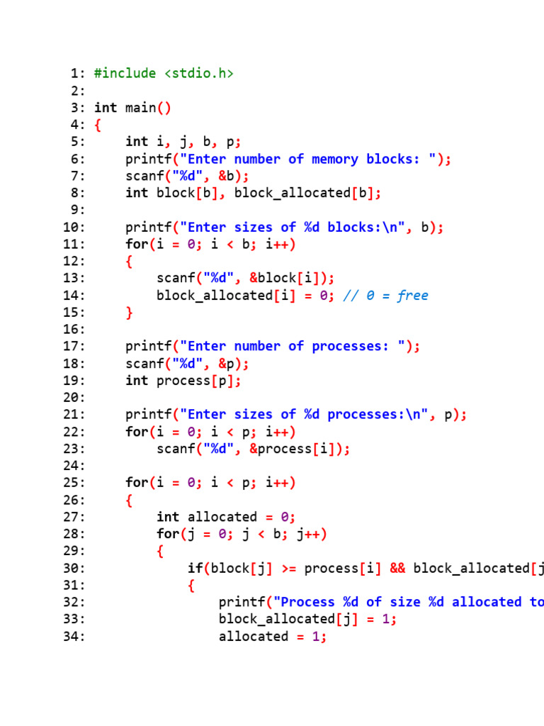 First Fit Memory Allocation Algorithm | PDF