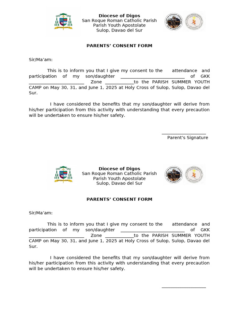 Parents' Consent for Youth Camp 2025 | PDF