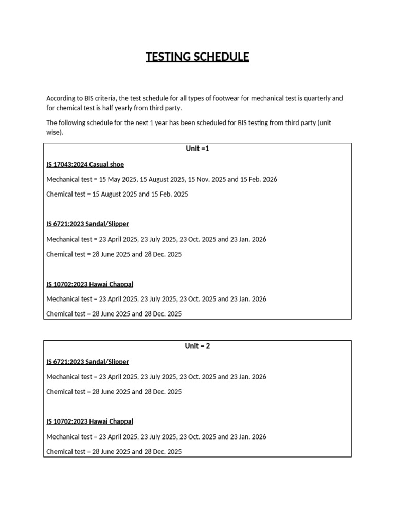 Testing Schedule | PDF
