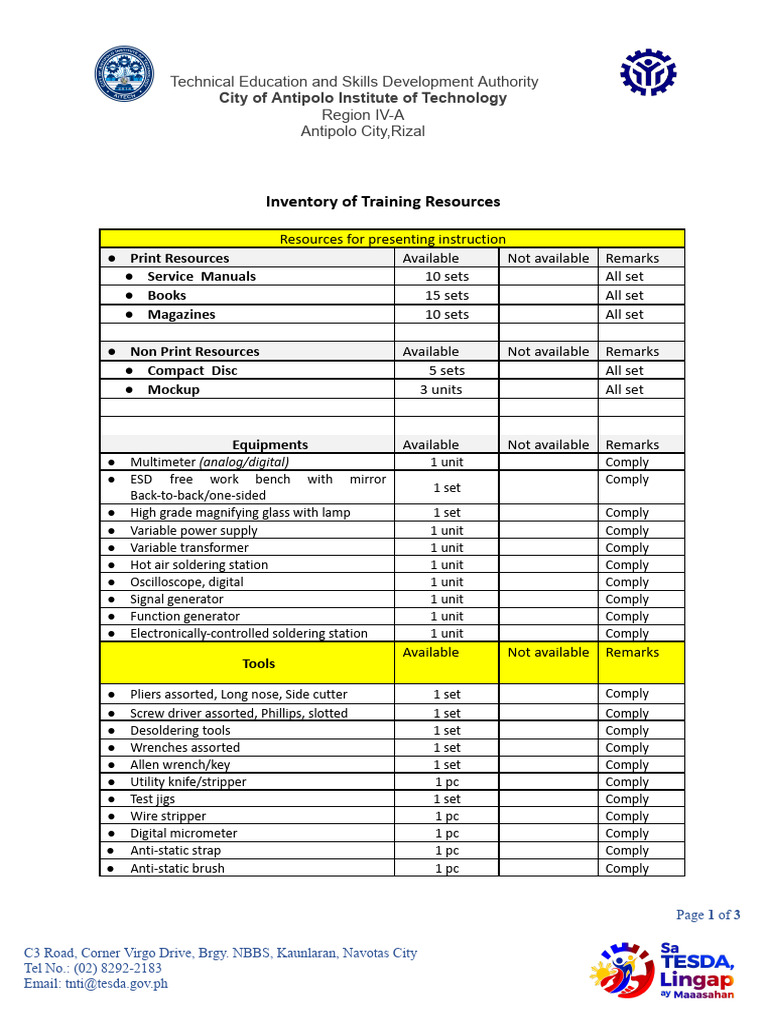 13-Inventory of Training Resources | PDF | Soldering | Electrical ...