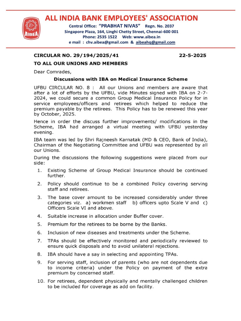 Discussions With IBA On Medical Insurance | PDF