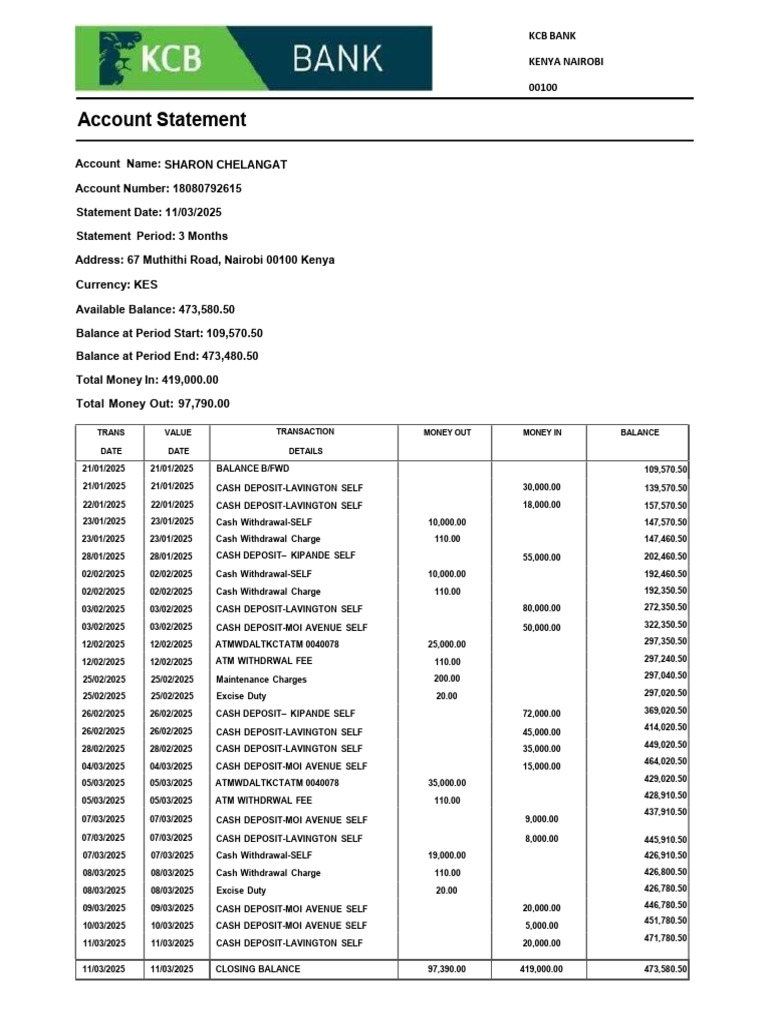 KCB Bank Account Statement Summary | PDF | Cash | Money