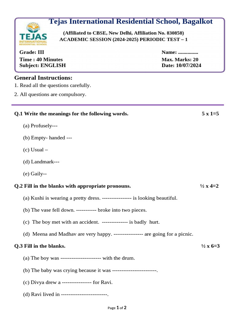 Grade - 3 P.T-1 Question Paper | PDF