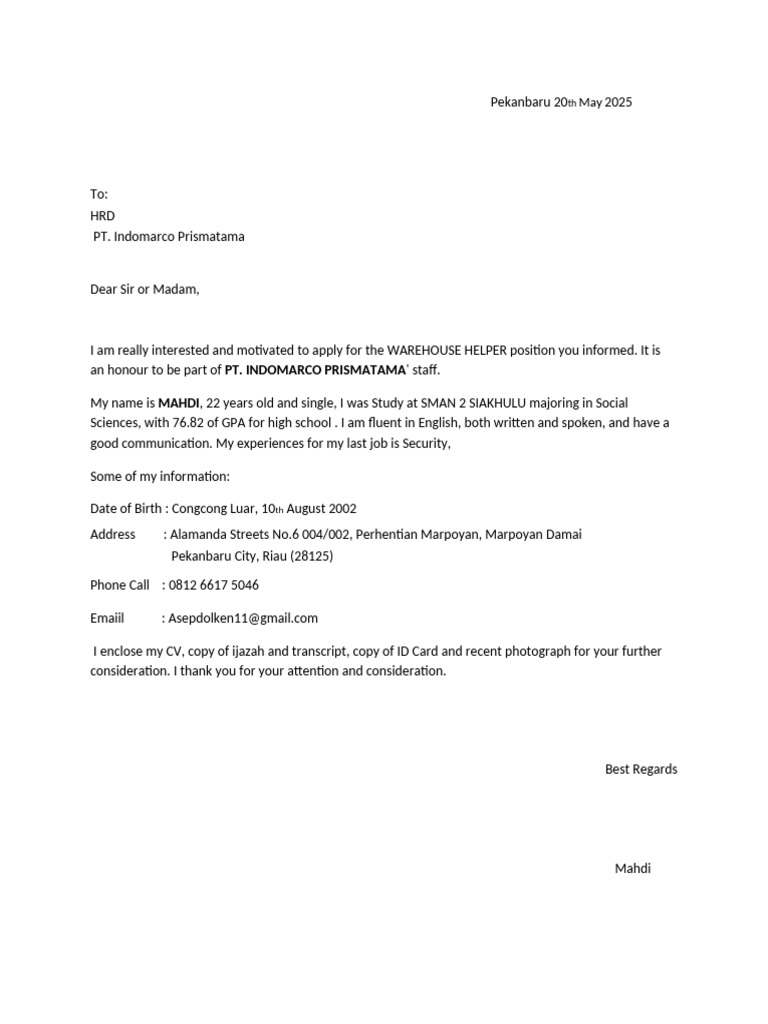Application for Warehouse Helper Position | PDF
