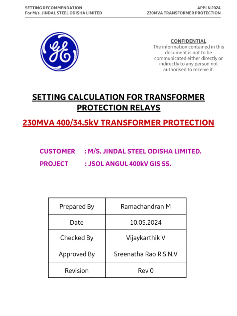 230MVA Transformer Protection Settings | PDF | Transformer | Electricity
