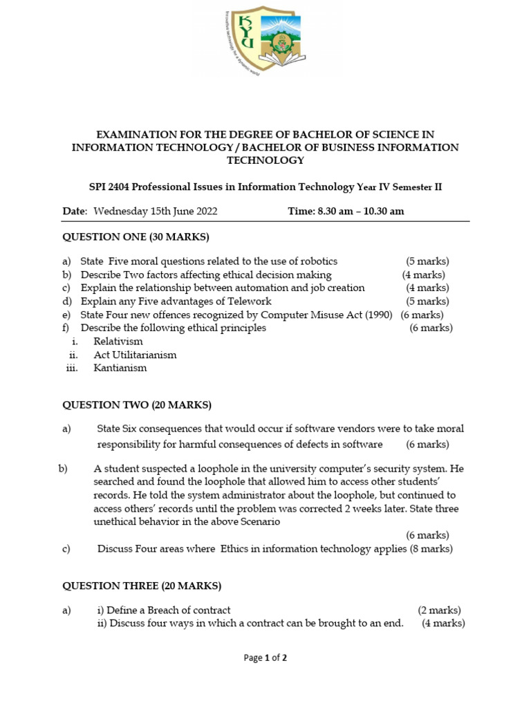 SPI 2404 Professional Issues in Information Technology Year IV Semester ...