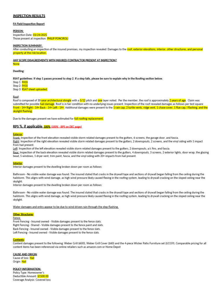 Hail Damage Inspection Report | PDF | Roof | Hail
