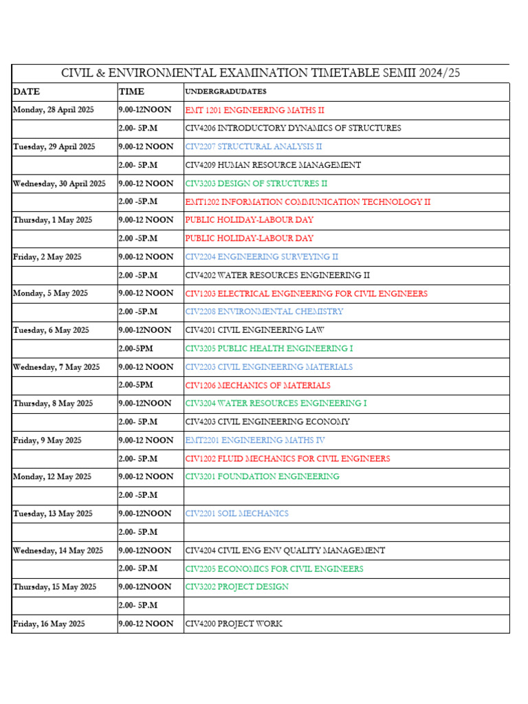 Civil Engineering Exam Schedule 2025 | PDF