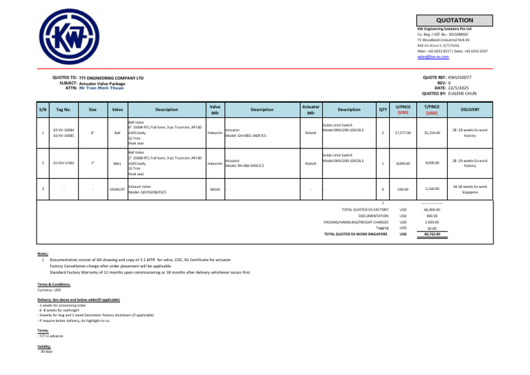 Actuator Valve Package Quotation | PDF | Valve | Vehicles
