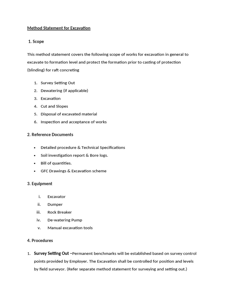 Method Statement For Excavation 1. Scope: Survey Setting Out | PDF