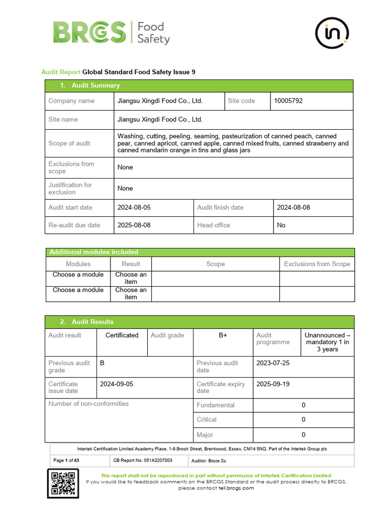 BRCGS Audit Report for Jiangsu Xingdi Food | PDF | Specification ...
