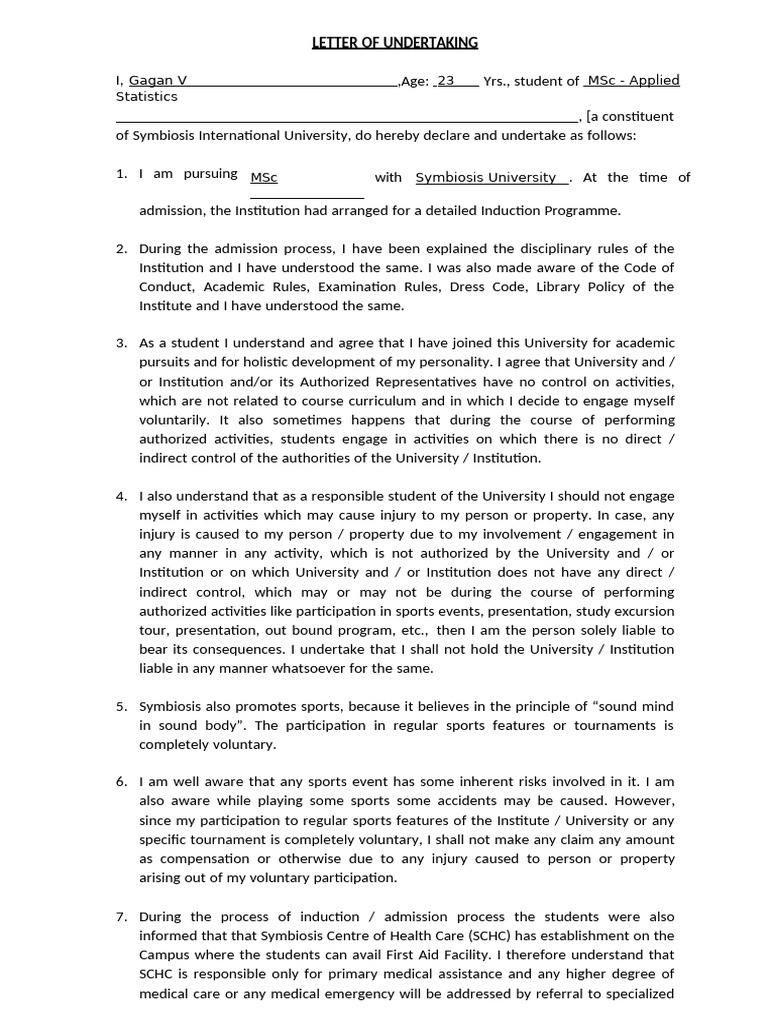 Student Indemnification Undertaking Form | PDF | Informed Consent | Justice