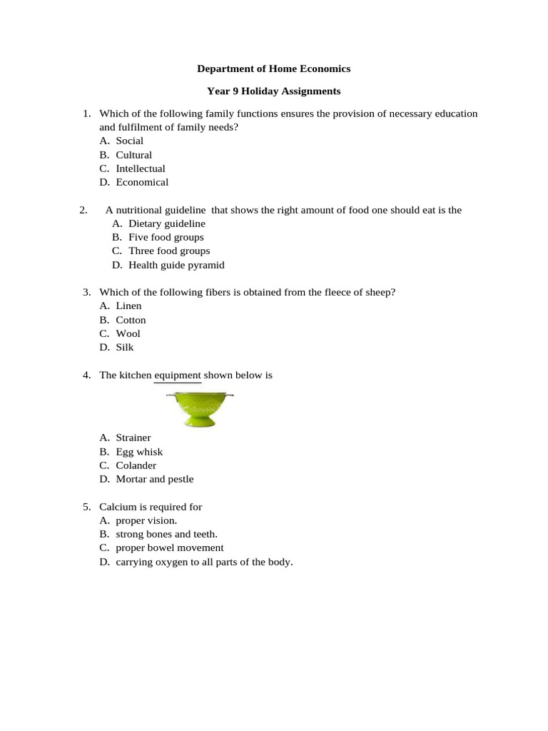 Year 9 Home Economics Holiday Assignments | PDF | Wool | Foods