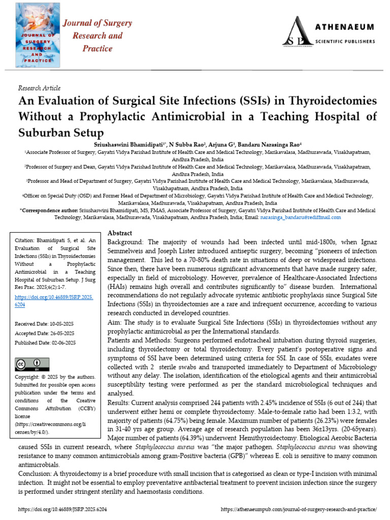 An Evaluation of Surgical Site Infections SSIs in Thyroidectomies ...