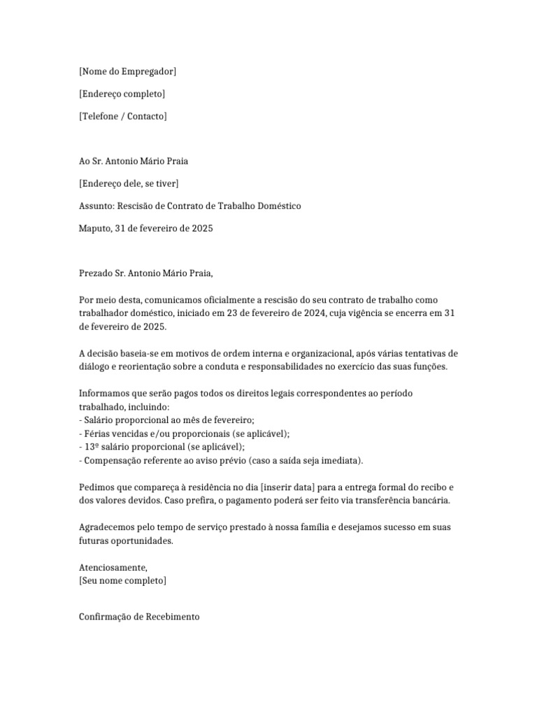 Rescisão de Contrato Doméstico em Maputo | PDF