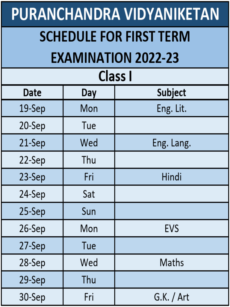 Schedule For First Term Examination 2022 - Class 1 | PDF