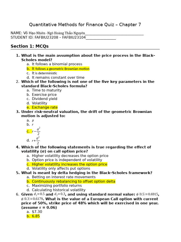 Finance Quiz: Black-Scholes Model Insights | PDF