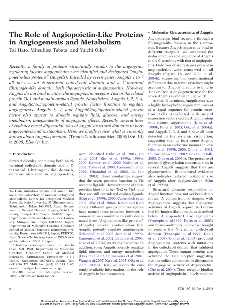 The Role of Angiopoietin-Like Proteins in Angiogenesis and Metabolism ...