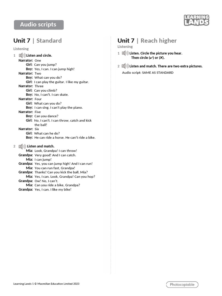 Learning Lands 1 Tests U07 Audio Script | PDF