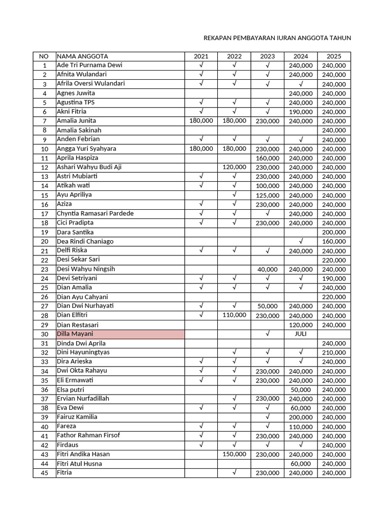 Rekapan Pembayaran Iuran 2025 | PDF