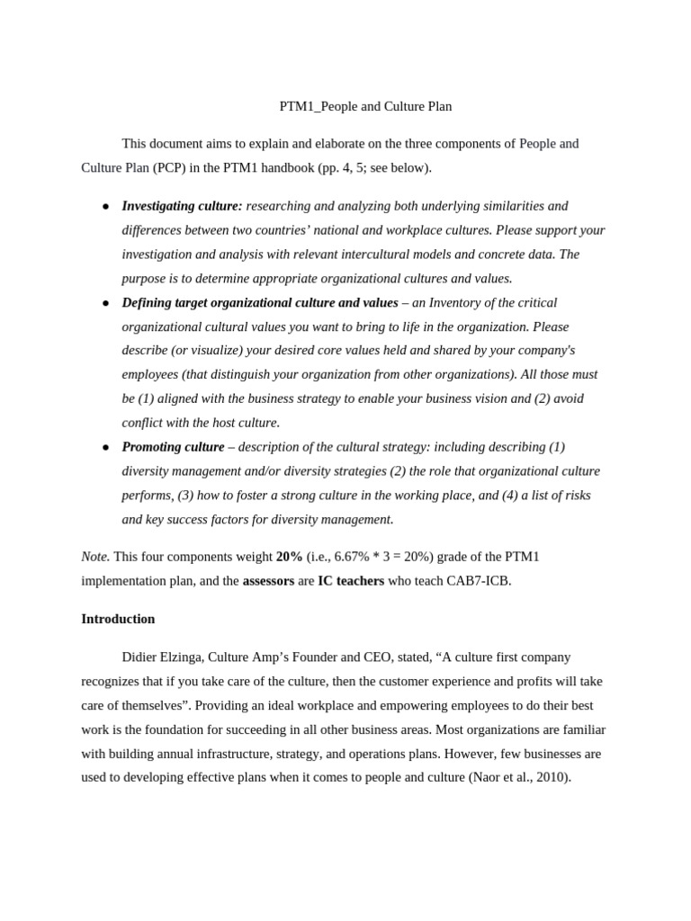 PTM1 - People and Culture Plan | PDF | Organizational Culture ...