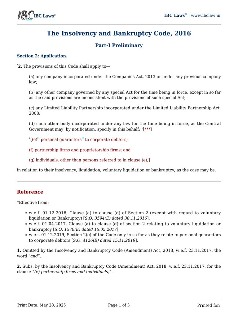 Section 2 Applicability of Insolvency and Bankruptcy Code 2016 Ibc 2016 ...