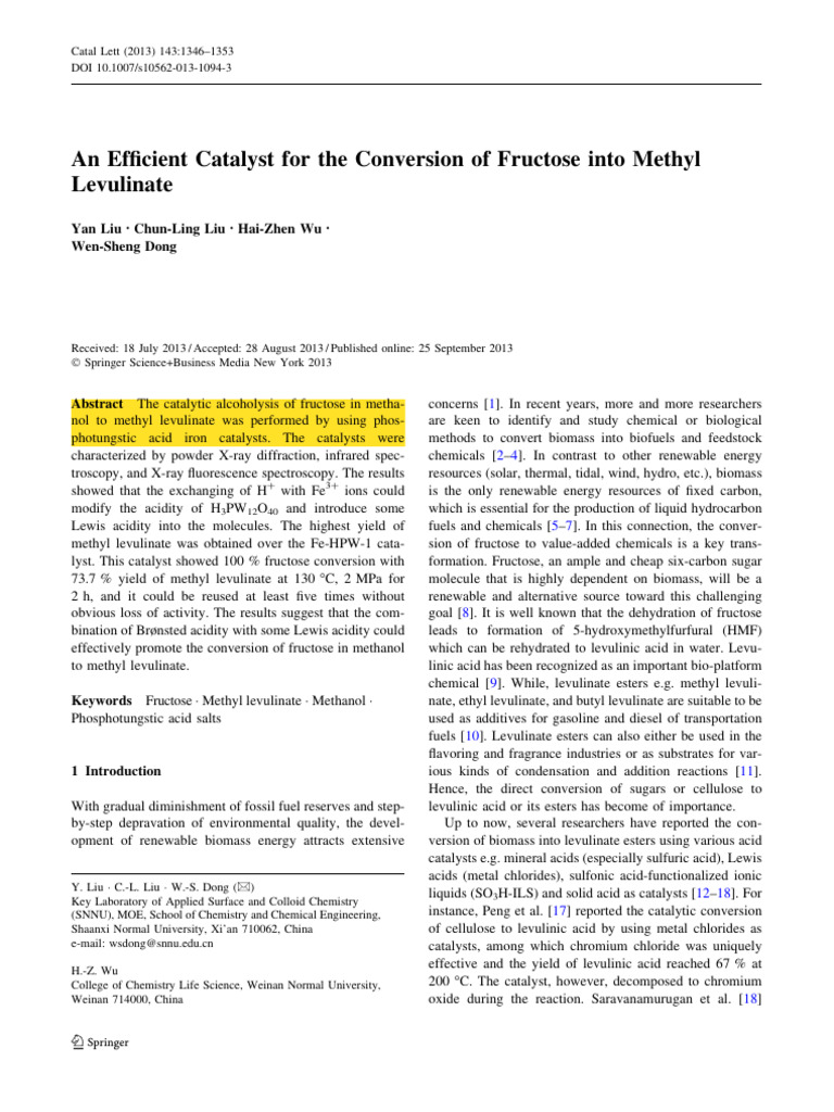 Efficient Fructose to Methyl Levulinate Catalyst | PDF | Catalysis | Acid