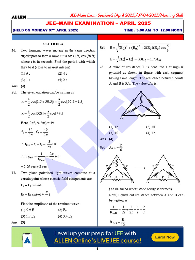 JEE Main April 2025 Physics Solutions | PDF | Electric Field | Physical ...