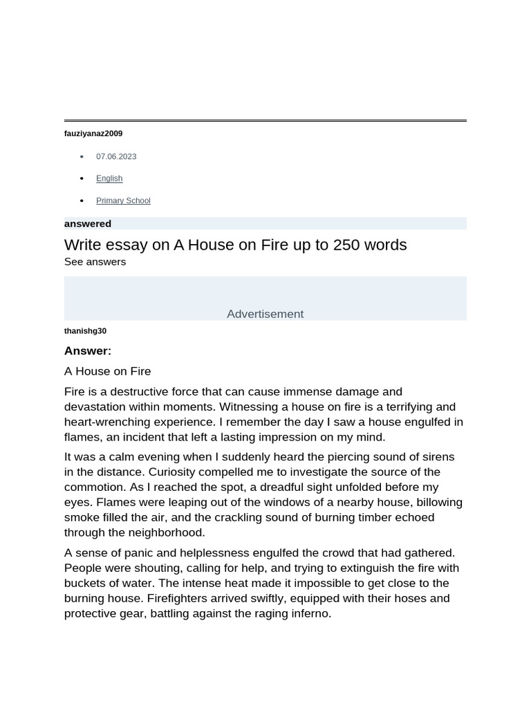Write Essay On A House On Fire Up To 250 Words: Answer | PDF