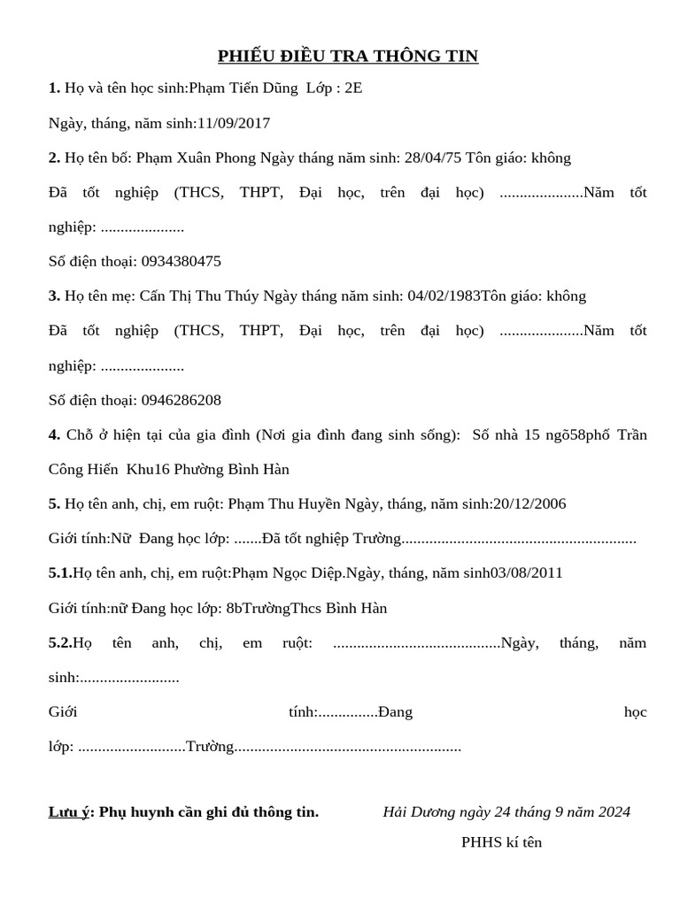 Phieu Dieu Tra Thong Tin | PDF
