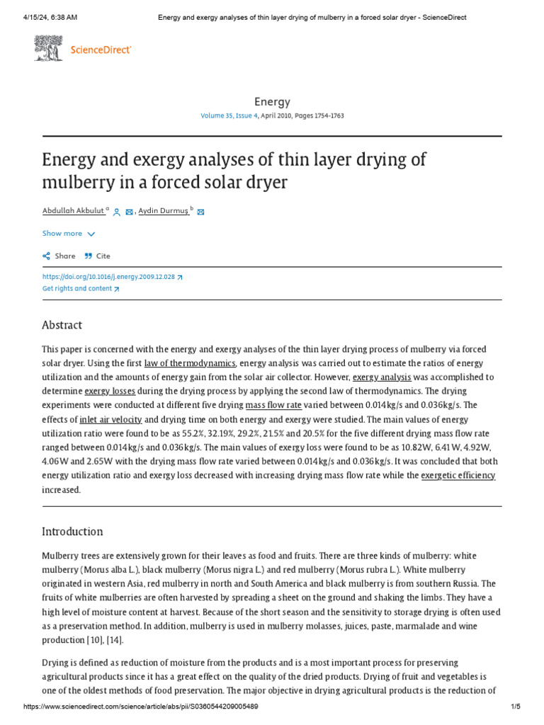 Energy and Exergy Analyses of Thin Layer Drying of Mulberry in A Forced ...