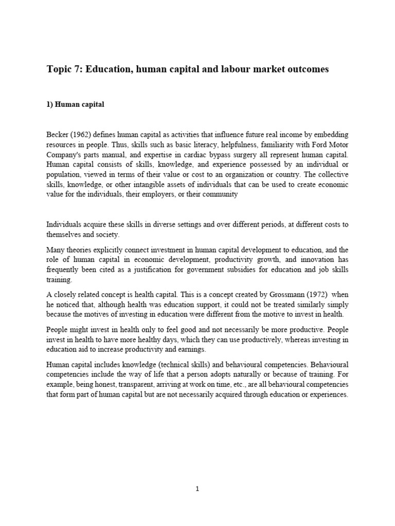 Topic 7 Education and Labour Market Outcomes | PDF | Human Capital ...