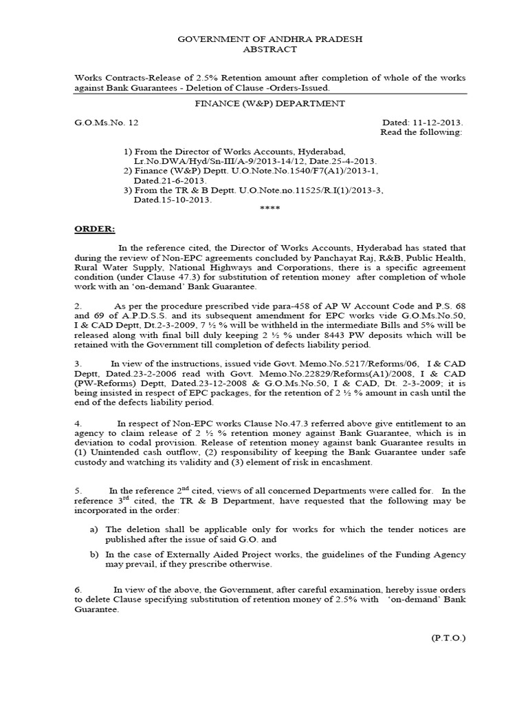 Retention Money EMD FSD DD BG GO 12 2013 | PDF | Government | Justice