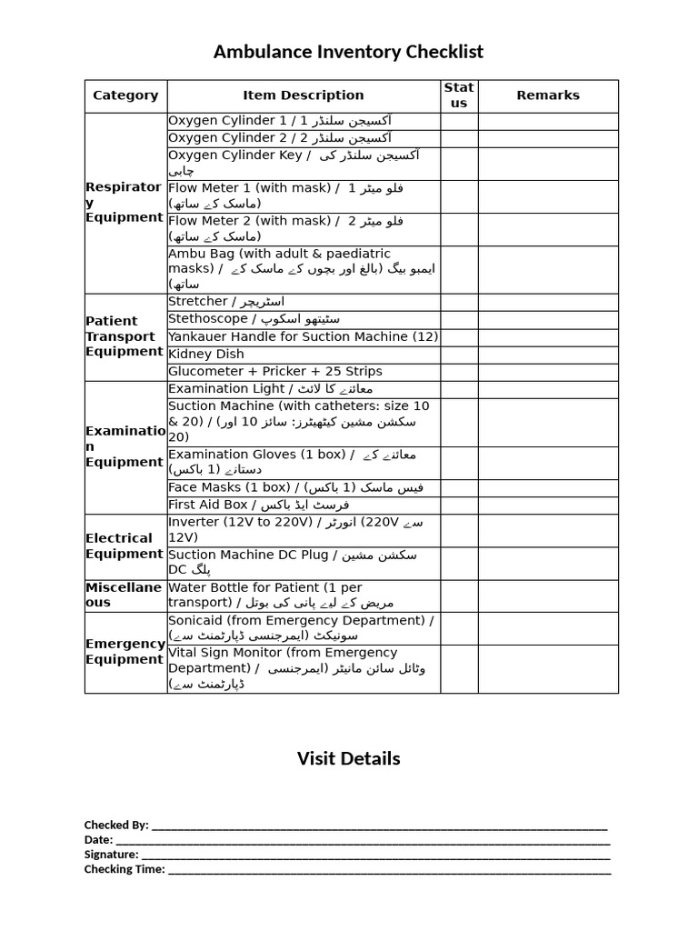 Ambulance Checklist Urdu Font Updated | PDF