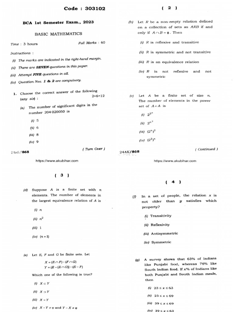Bca 1 Sem Basic Mathematics 303102 2023 | PDF