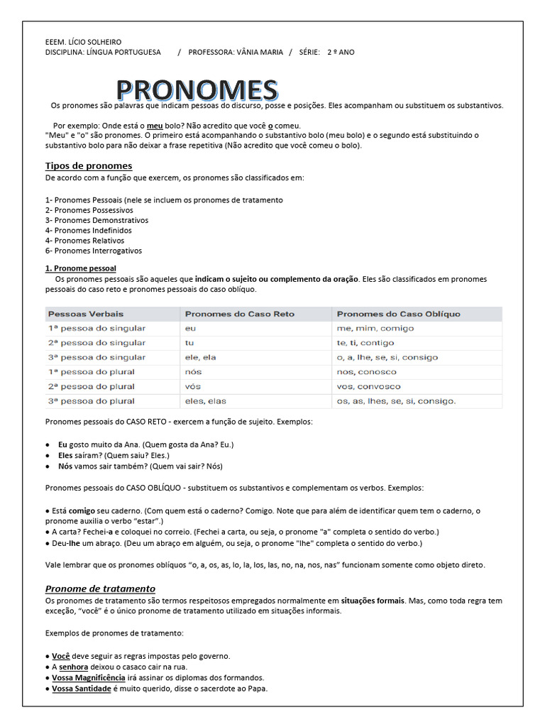 Classificação dos Pronomes em Português | PDF | Pronome | Gramática
