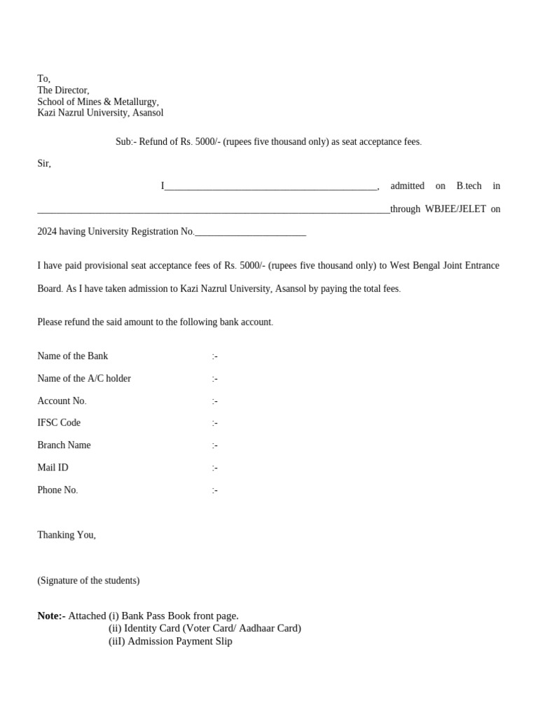 WBJEE Seat Acceptance Fee Refund Request | PDF