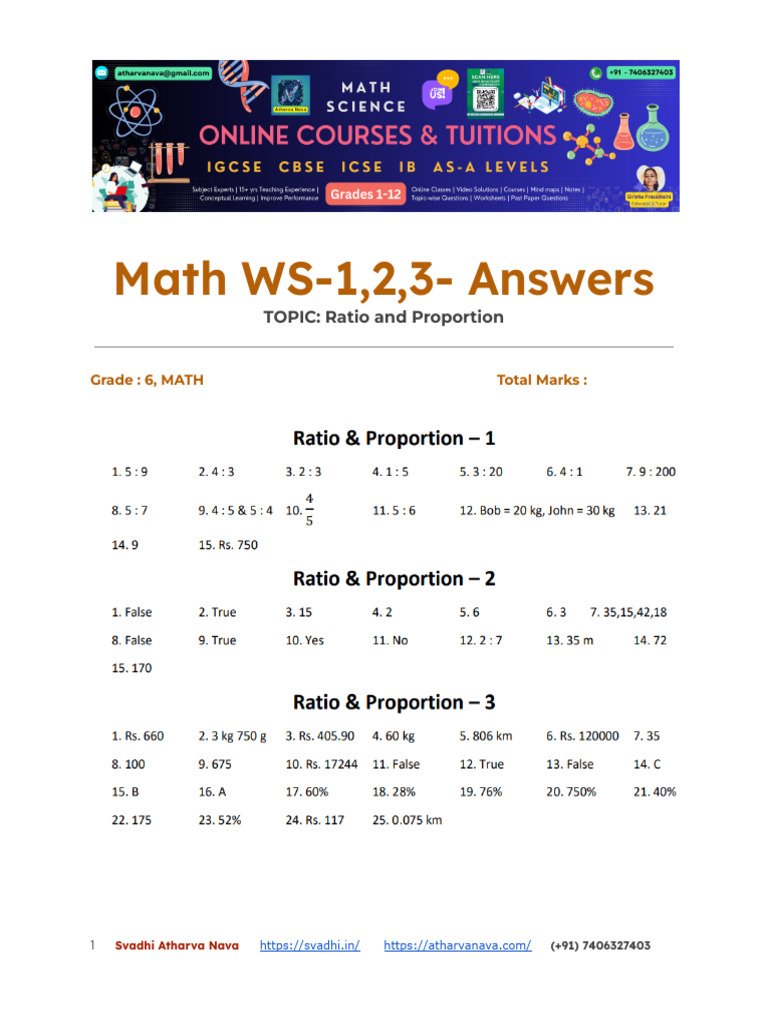 Grade 6, Math WS-1,2,3 Answers - Ratio and Proportion | PDF