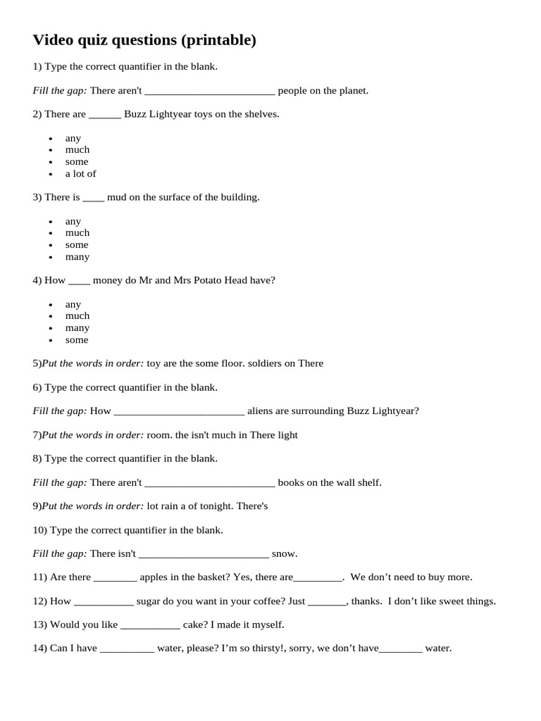 Quantifiers Video Quiz Questions | PDF