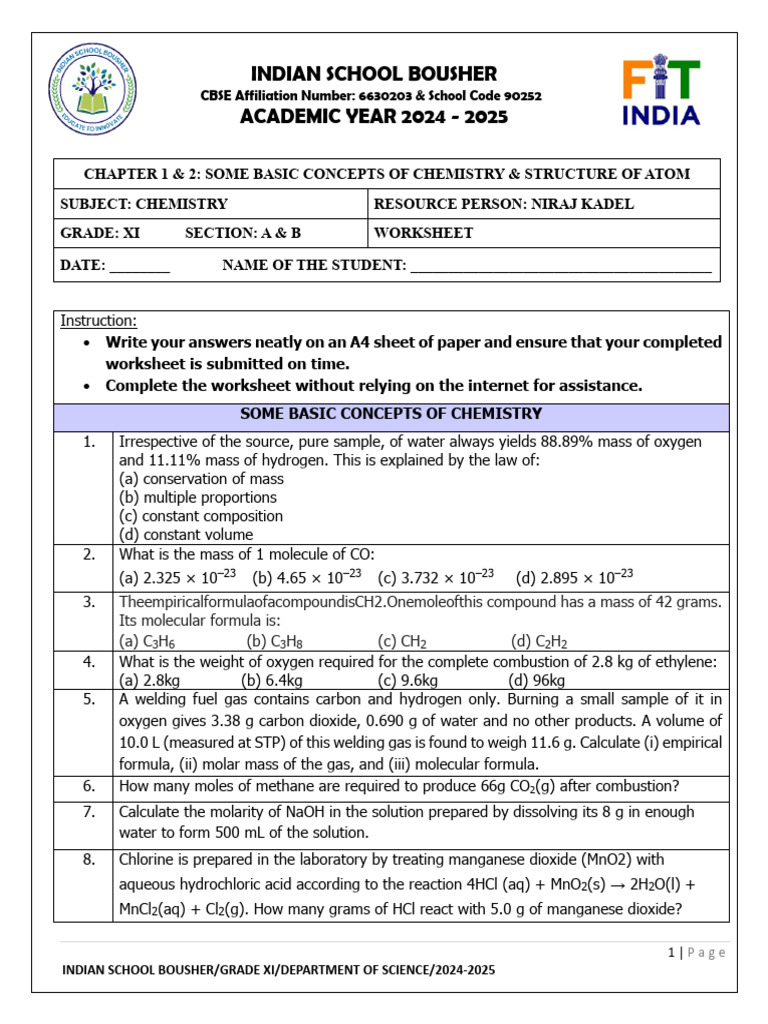 Chemistry Worksheets for Grade XI 2024-25 | PDF | Electron | Atoms