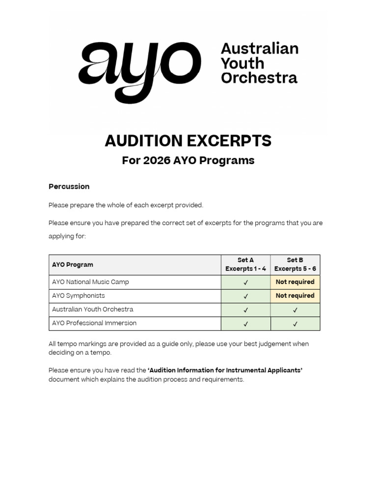2026 AYO Percussion Audition Excerpts | PDF | Orchestras | Classical Music