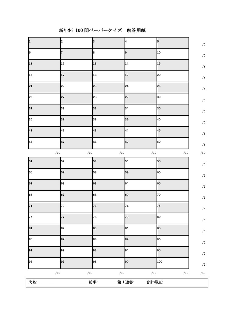 新年杯 - 1R 100問ペーパークイズ 解答用紙 | PDF