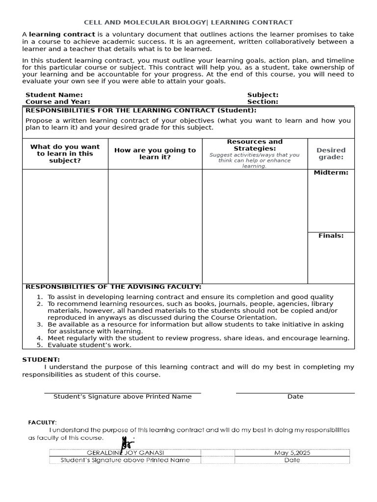 Learning Contract for Cell Biology Course | PDF | Learning | Behavior ...