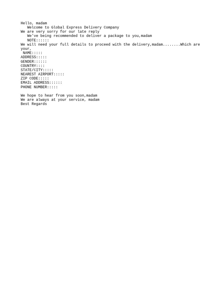 Package Delivery Information Request | PDF
