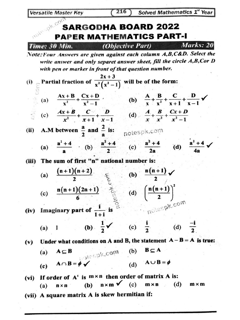 2022 Sargodha Board Mathematics Key | PDF | Functions And Mappings ...