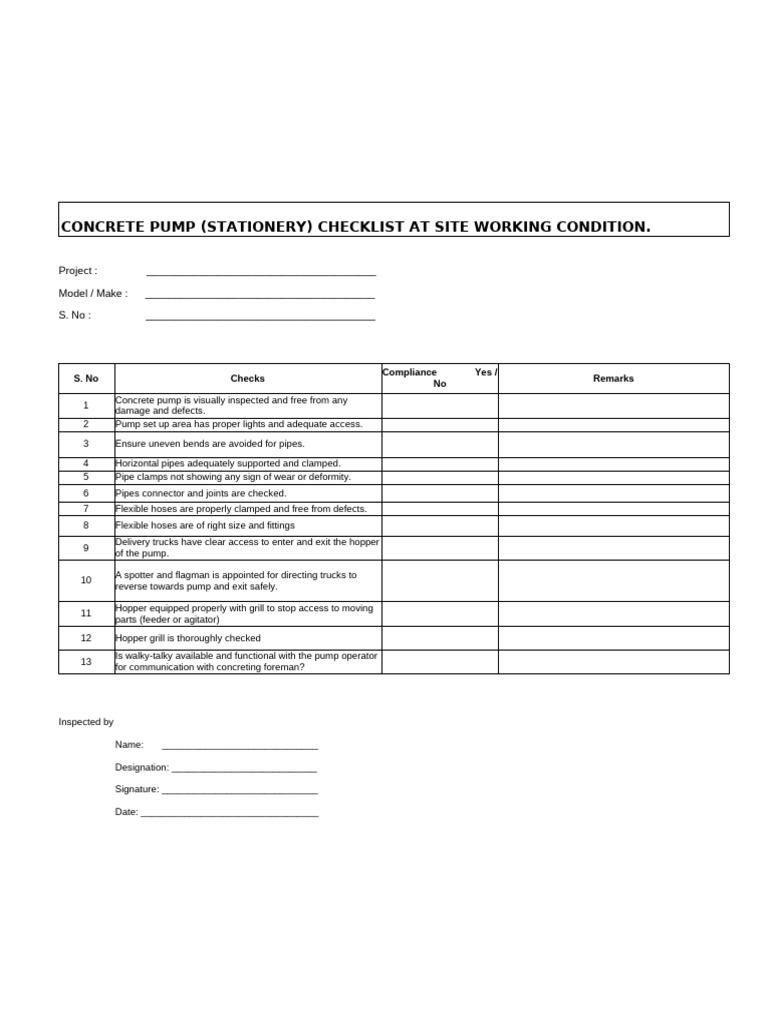 Concrete Pump Inspection Checklist 2024 | PDF
